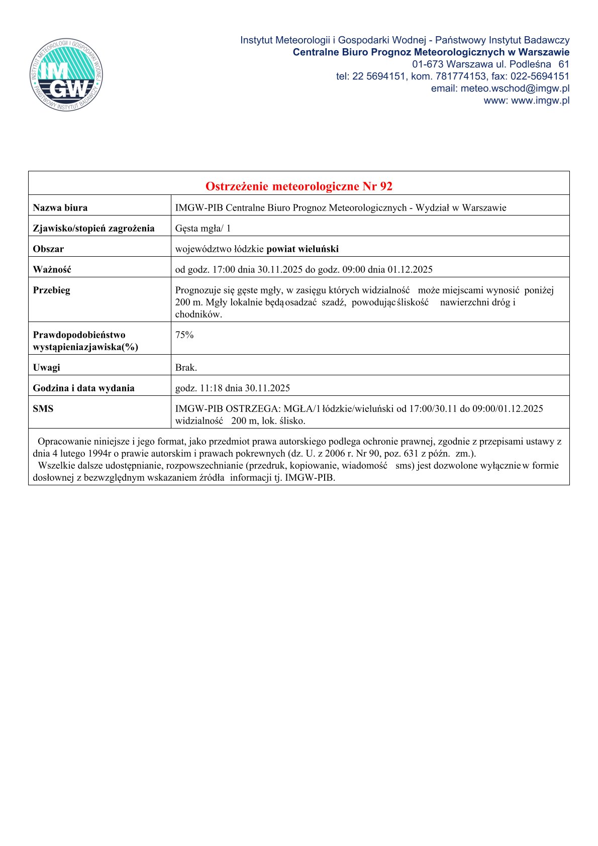 Ostrzeżenie meteo 30.11.2025