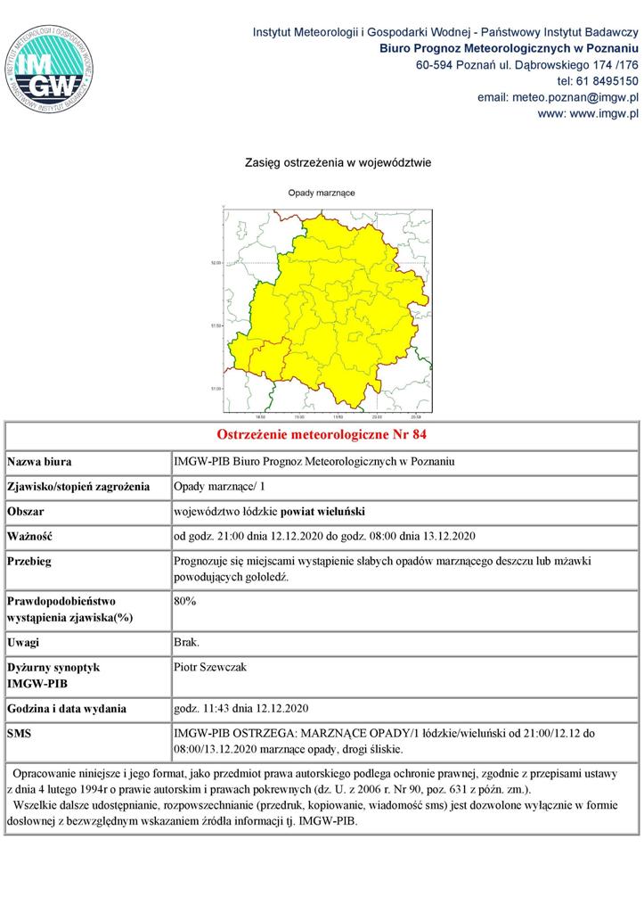 Ostrzeżenie meteorologiczne 12.12.2020 r. - Marznące opady.