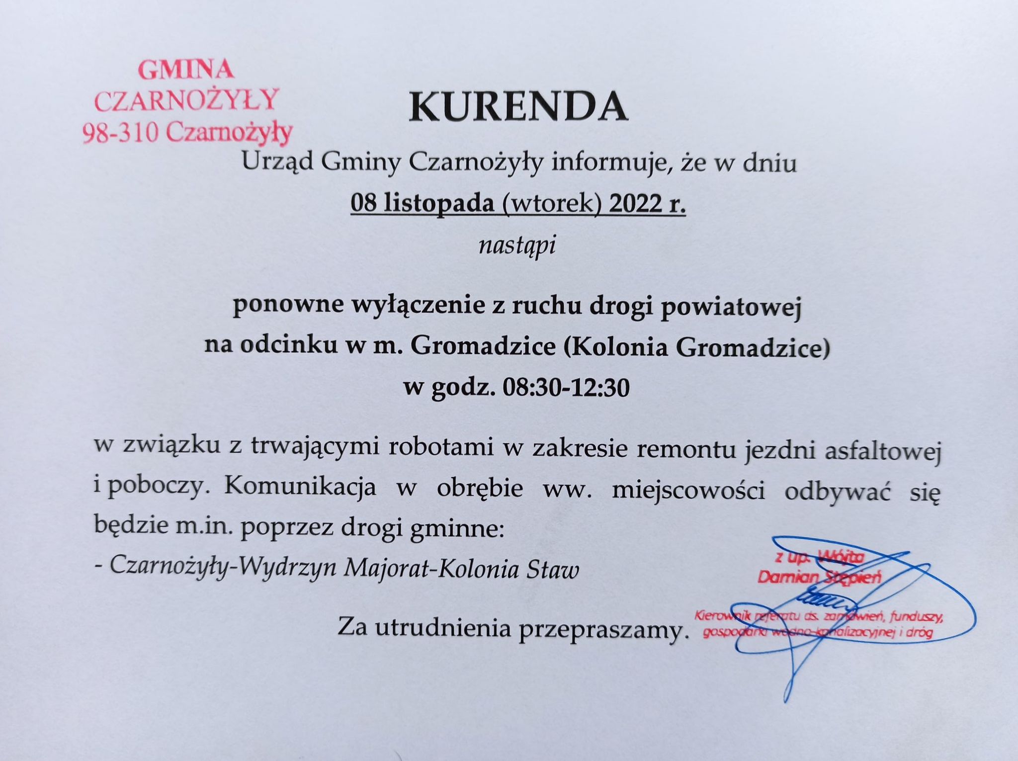 20221107 okresowe wylaczenie drogi z ruchu