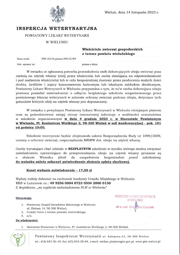 20231115 zaproszenie szkolenie uboju na uzytek wlasny