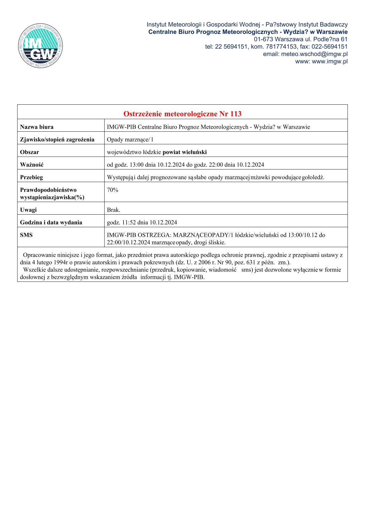 10.12.2024 ostrzeżenie meteo